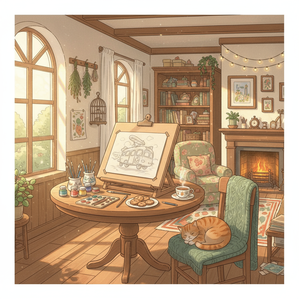 An illustration in a cute, cozy, Ghibli-inspired, anime style, matching the aesthetic of a room with a table and drawing board. No text, similar to the first image on the page.