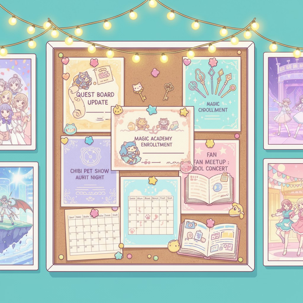 bulletin board with various posters, featuring a calendar, an open book, and other items.